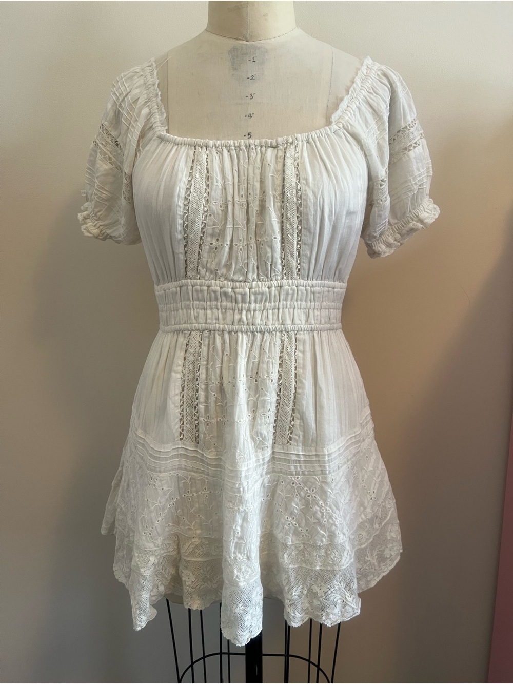 LoveShackFancy White Eyelet Mini Dress with Elastic Waist
